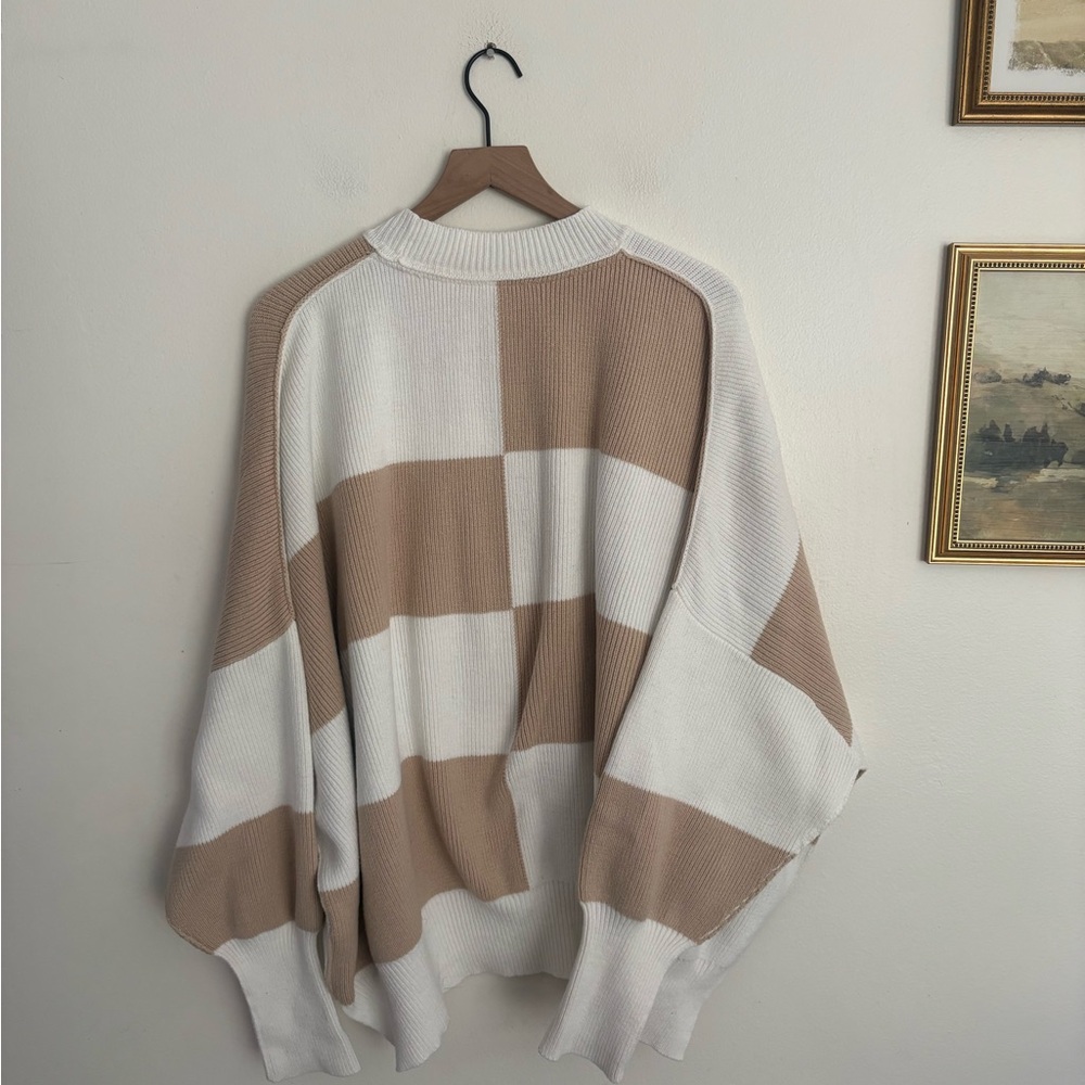 Free People Easy Street Cream Tan Checkerboard Knit Sweater Women’s Medium EUC - Picture 5 of 6